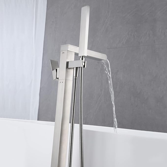 Freestanding Bathtub Faucet Waterfall Tub Filler Brushed Nickel Floor Mount Brass Single Handle Bathroom Faucets with Hand Shower