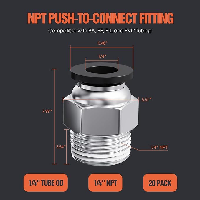 1/4"OD x 1/4"NPT Thread Push to Connect Fittings – Air Line Straight Connectors, Quick Connect Pneumatic Fittings, Push Lock Air Hose Fittings for Compressor, Air Tools & Tubing (20 PCS)