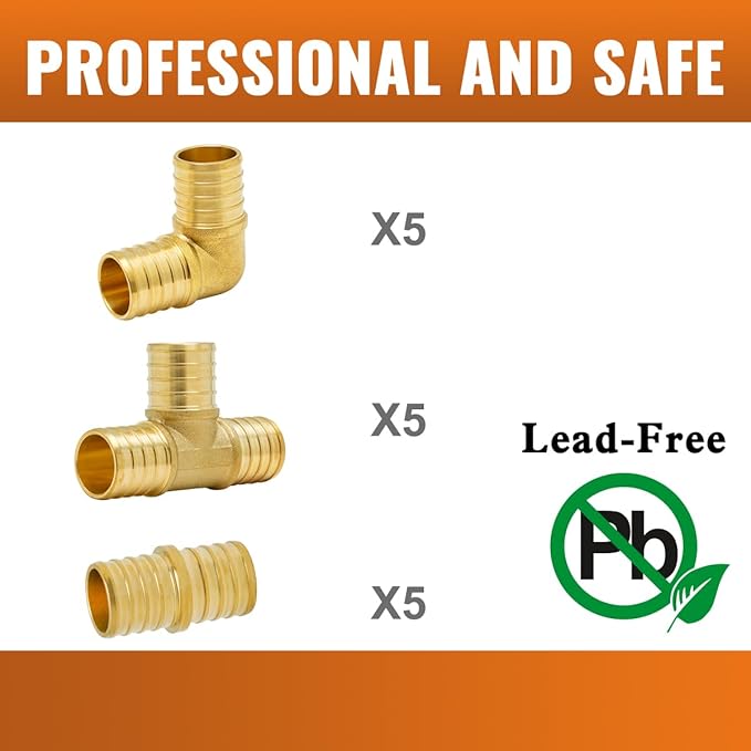 SUNGATOR 15-Pack 1 Inch PEX Fittings, 5 Each Elbow Tee Coupling, No Lead Brass, Pex Fittings 1 Inch Assortment, UPC, NSF Certified