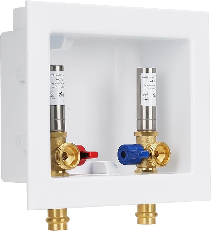 Press Washing Machine Outlet Box with Stainless Steel Water Hammer Arrestor, with Center Drain, 1/2 Inch Press x 3/4 Inch MHT, Washer Faucet Recessed Box, Laundry Washer Valve Outlet Box