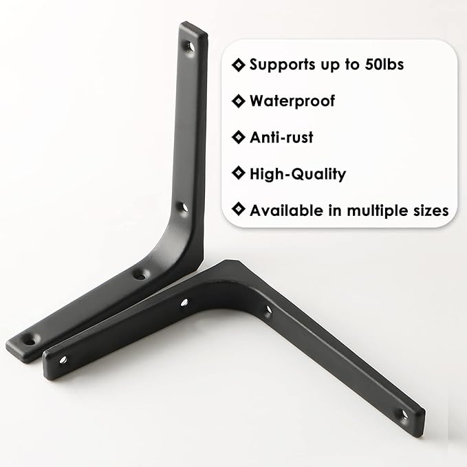 SAYAYO Wall Shelf Brackets Black, 6 x 5 Inch Iron Metal Shelf Brackets L Shaped Corner Support Brackets for DIY Floating Shelf, 4 PCS