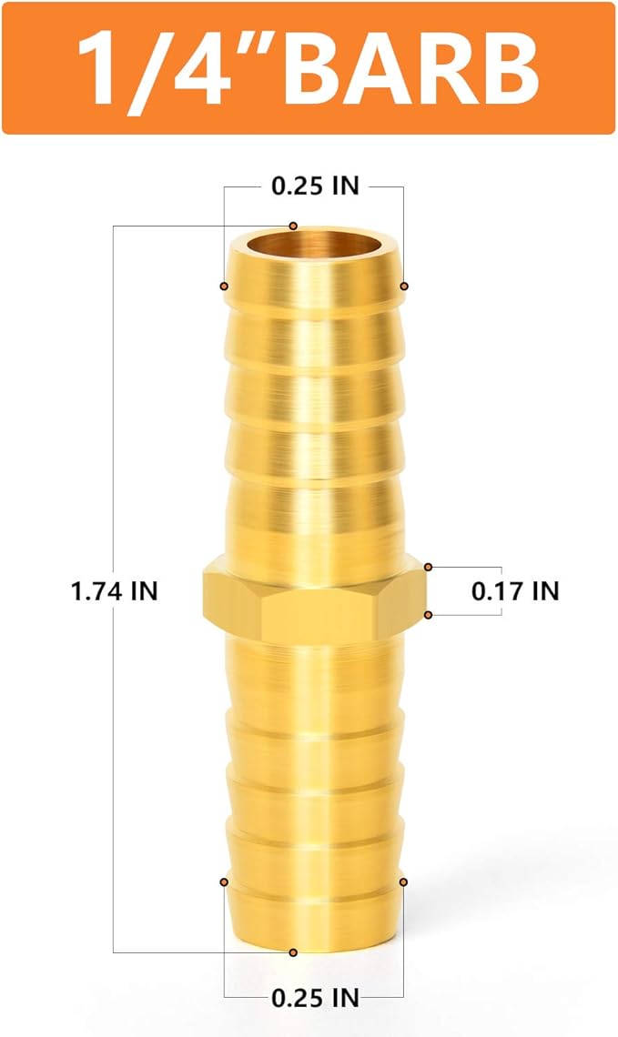GASHER 10 Pieces Brass Hose Barb Reducer, 1/4 Inch to 1/4 Inch(6.35mm) Hose ID with 20 Hose Clamp, Brass Barb Reducer SPLICER Fitting Fuel/AIR/Lquid/Oil/Gas/WOG