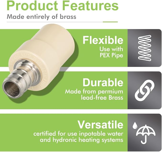 2 Pack 1/2" Pex x 1/2" CPVC Transition Adapter Heavy Duty Brass Barb PEX Fittings for for PEX-B and cPVC Pipe Connection,Lead-Free Brass NSF/ANSI 61 NSF 372 Certificate, ASTM F1807
