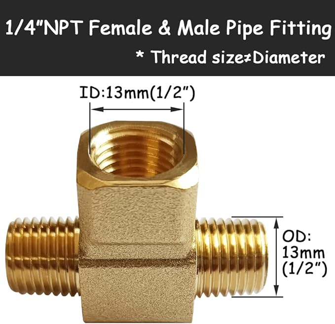 2PCS Brass Tee Pipe Fitting 1/4" NPT Male x 1/4" NPT Female x 1/4" NPT Male for Water/Oil/Gas