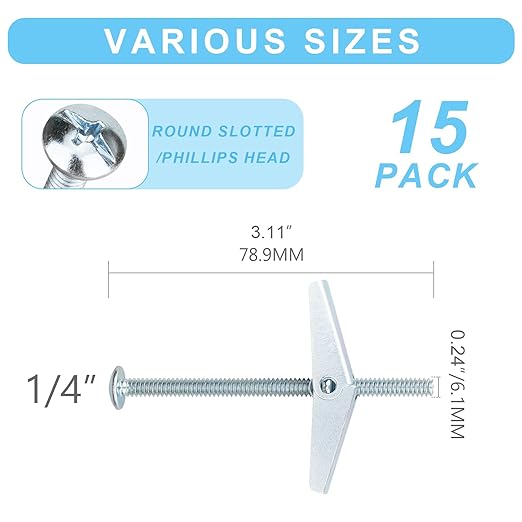 15 Pcs 1/4 Inch Heavy Duty Drywall Anchors and Screws,Toggle Bolts and Wing Nuts Set, Hollow Drywall Anchors Bolts Screws Assortment Kit for Hanging Lamps Heavy Items