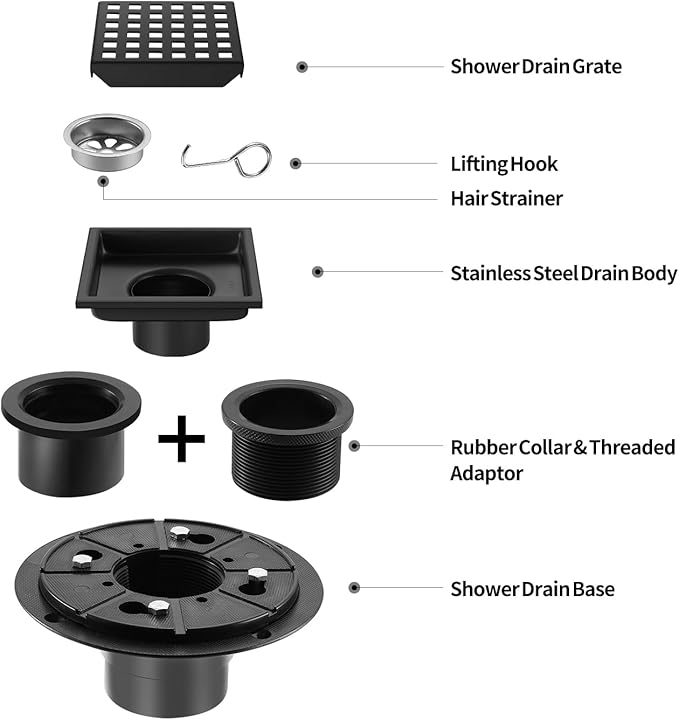 Shower Drain, Matte Black 4 inch Square Shower Floor Drain with Flange, Removeable Grid Panel SUS 304 Stainless Steel Square Shower Drain