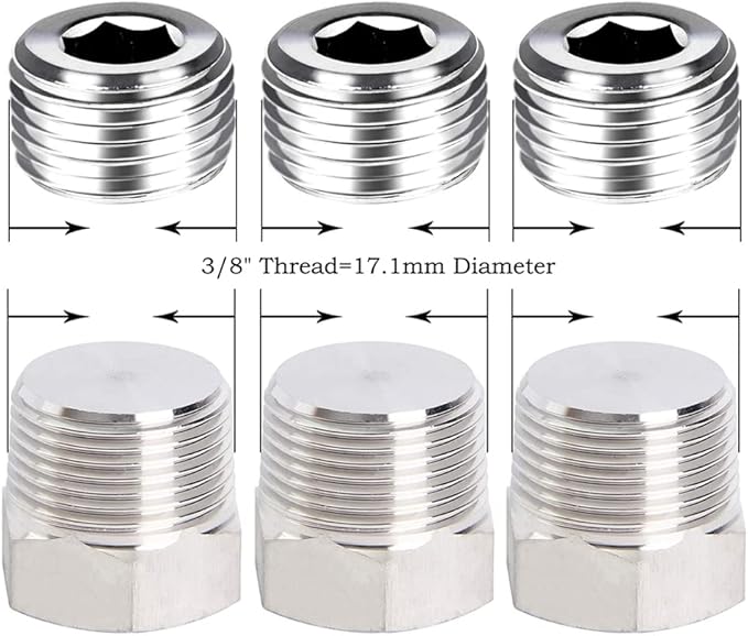 Joywayus Stainless Steel Pipe Plug Inter&Outer Hex Thread Pipe Fitting,1/8" 1/4" 3/8" 1/2" NPT Countersunk Plug Kit 22PCS