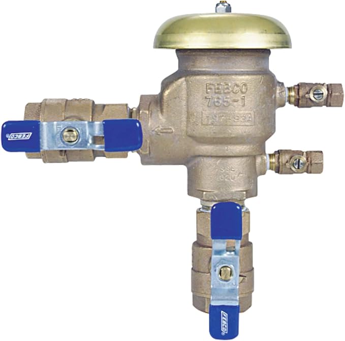 Febco 765 Series 1-1/2" Bronze Pressure Vacuum Breaker Backflow Preventer, Quarter Turn Shutoff, NPT Connections, Spring-Loaded Check Valves, Max Pressure 150 psi, Industrial Plant, Irrigation System