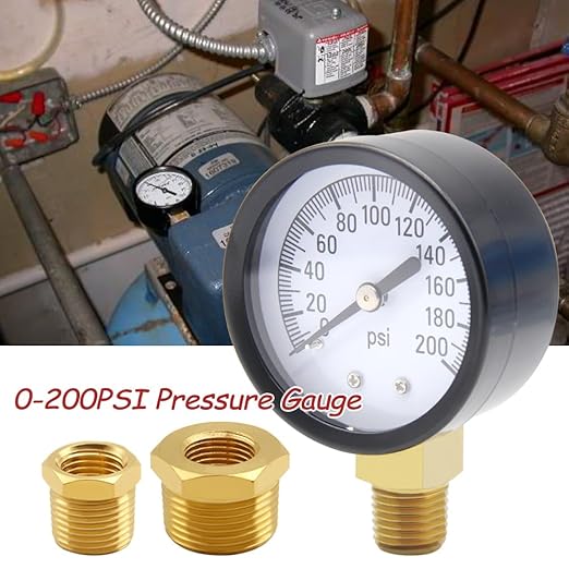 Pressure Gauge 0-200PSI 1/4" NPT Male Brass Bottom Mount 2" Dial Stainless Steel Case Include 1/2" NPT and 3/8" NPT Connector Universal Multifunctional