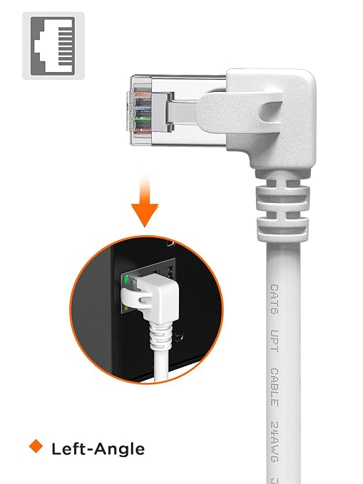 90 Degree Cat6 Ethernet Cable White Right Angle Cat 6 Ethernet Patch Cable 10FT LEFTward RJ45 Network Internet Cable-Left Angle, 10FT