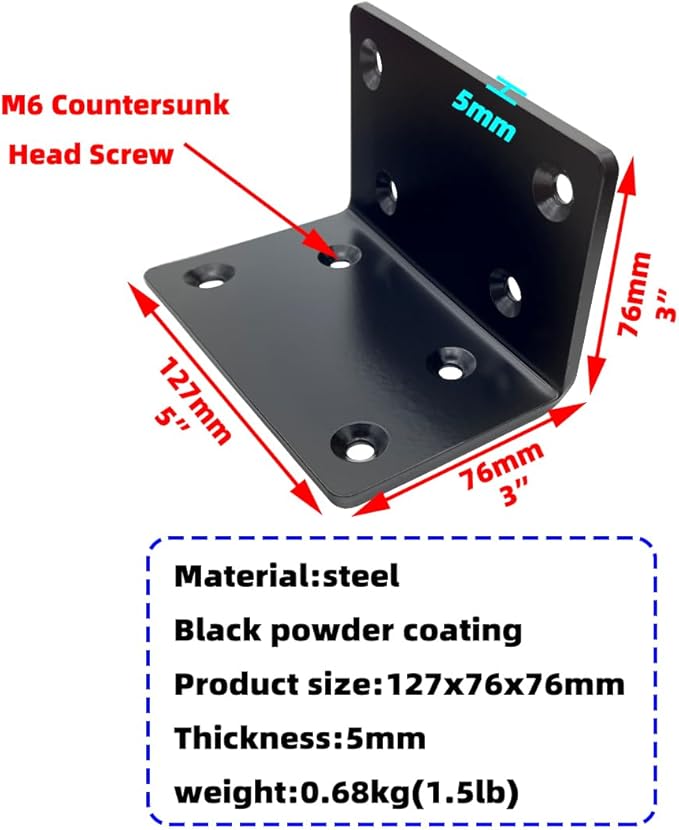 2 Pcs 5" Black Heavy Duty L Right Angle Steel Brackets,90 Degree Metal Corner Countertop Bracket,Countersunk Design Max Load 230LB for Timber Wood Furniture Shelves Support.Thickness 5mm