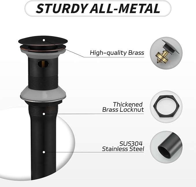 BWE Oil Rubbed Bronze One Piece Bathroom Vessel Sink Drain Stopper with Overflow Pop Up Drain Assembly with Strainer for Bathroom Vessel Vanity Faucet