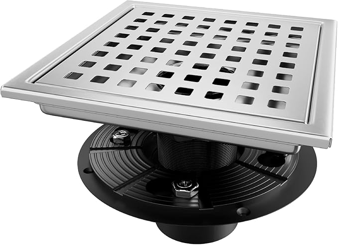 Square Shower Drain, Silver Shower Drain 6 inch with Flange and Removeable Grate Cover, AISI 304 Stainless Steel Shower Floor Drain with Hair Catcher and Flange