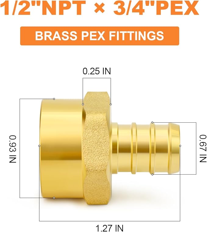 GASHER 6Pcs No Lead Brass 3/4" Pex Female Adapter, 1/2" Female NPT to 3/4" PEX Adapter for Pex Tubing