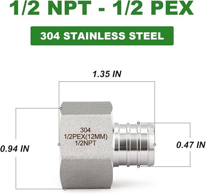 TAISHER 2PCS 304 Stainless Steel Pex Fittings,1/2" Pex x 1/2" NPT Female,1/2" Pex Fitting With 2PCS Hose Clamp For Pex Tubing Pipe