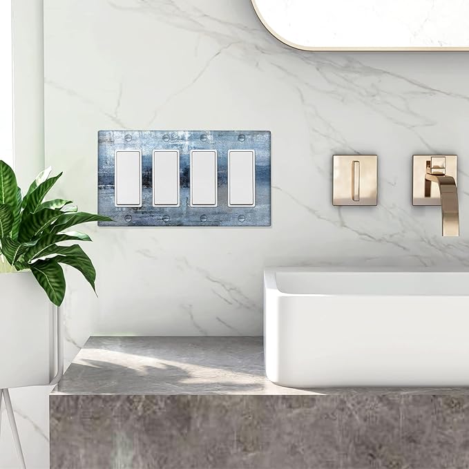 Blue Grey 4-Gang Rocker Light Switch Cover Abstract Art Decorative Wall Plate Cover Modern Electrical Outlet Covers