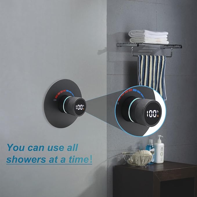 Round Digital Display Shower Valve Shower Diverter Single Way Shower Mixing Valve Concealed Installation in Wall for Bathroom Matte Black