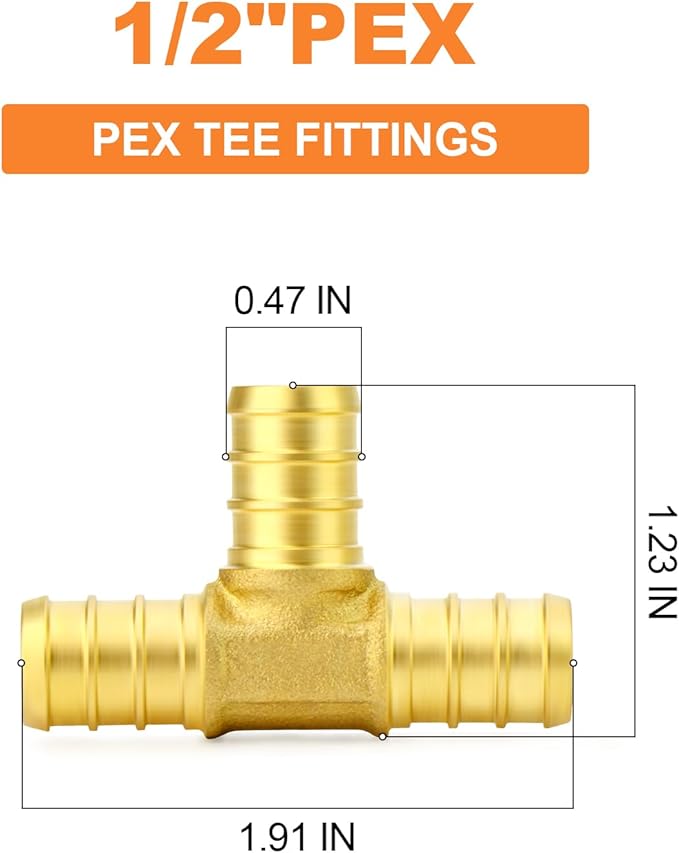 GASHER 2Pcs No Lead Brass 1/2" Pex Tee Fittings, 1/2 Inch Pex Fittings for Pex Tubing