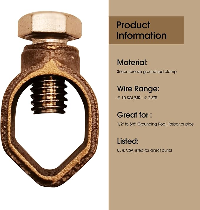 Silicon Bronze Ground Rod Clamp,UL & CSA listed,Great for 1/2”- 5/8’’ Grounding Rods (1, 1/2''-5/8'')
