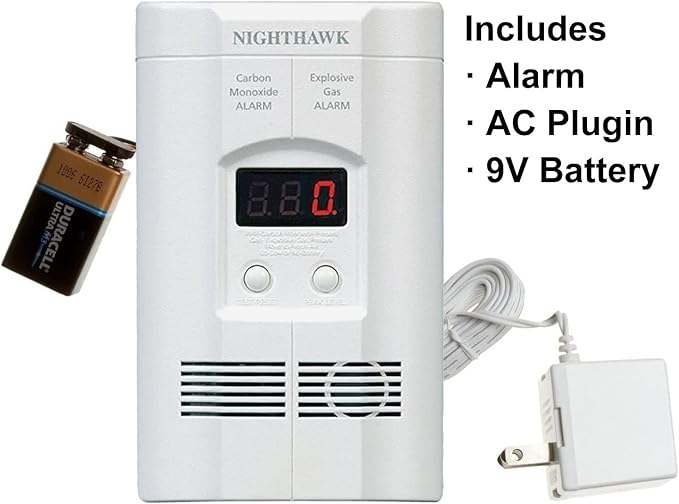 Kidde Carbon Monoxide Detector with 10-Year Battery, Digital Display, 3 LEDs & Nighthawk Carbon Monoxide Detector & Explosive Gas Detector, AC-Plug-in with Battery Backup, Digital Display, White