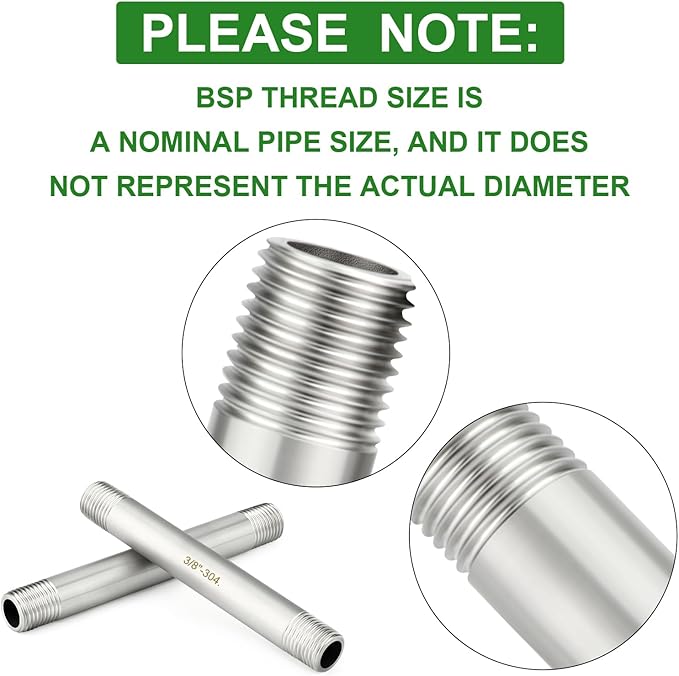 TAISHER 2PCS Stainless Steel Pipe Fittings, 3/8" BSP Male x 3/8" BSP Male Threaded, 4" Length Nipple Cast Pipe