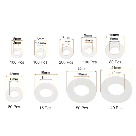 uxcell 765pcs Rubber Flat Washer Gasket Assortment M2-M12, Bolts Spacers 9 Sizes Washers Flat Gasket for Faucet or Plumbing White