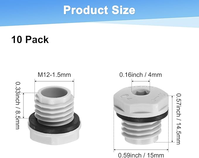 10-Pack Inner Hex Head Pipe Plug End Cap, M12x1.5mm Nylon Garden Hose Stopper Connector Plug with Sealing Ring for Terminating Pipe Ends [White]