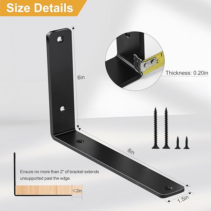 4 Pack - L 8" x H 6" x W1.5, 5mm Thick Black L Shelf Bracket, Iron Shelf Brackets, Metal Shelf Brackets, Floating Shelf, Shelf Supports with Screws