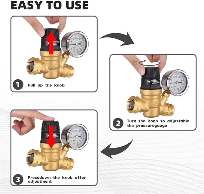 RV water pressure regulator, pressure reducing valve, lead-free brass material, garden irrigation, RV water supply, camper, trailer