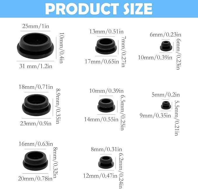 125Pcs Black Rubber Plug Box, Various Sizes of Round Hole Silicone Tool, Rubber Plugs for Round Holes, Silicone Plugs Suitable for Car Wiring Furniture