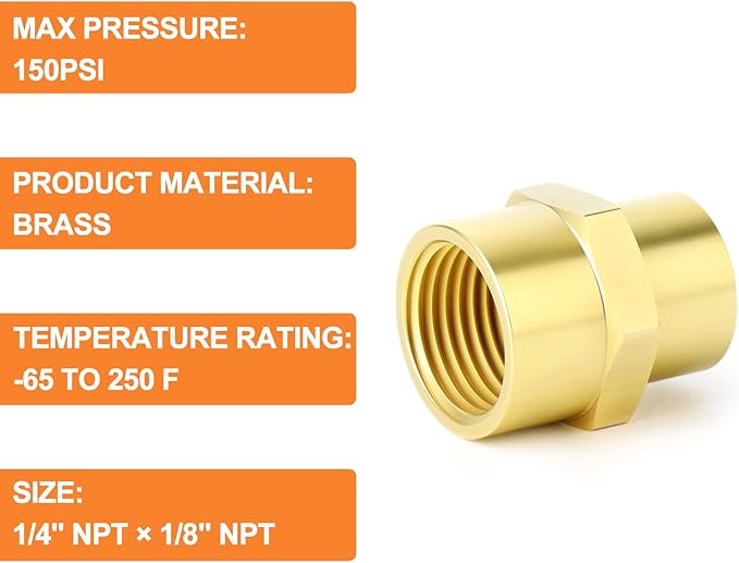 GASHER 10PCS Brass Pipe Fitting, Coupling, Reducer Adapter, 1/4" x 1/8" NPT Female