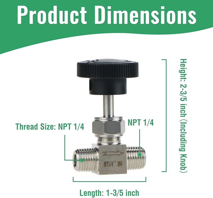 Angry Pony Stainless Steel 304 MNPT 1/4 female Straight Needle Valve, High Pressure Hydraulic Flow Control Valve for Water Oil Gas Systems, 900 PSI