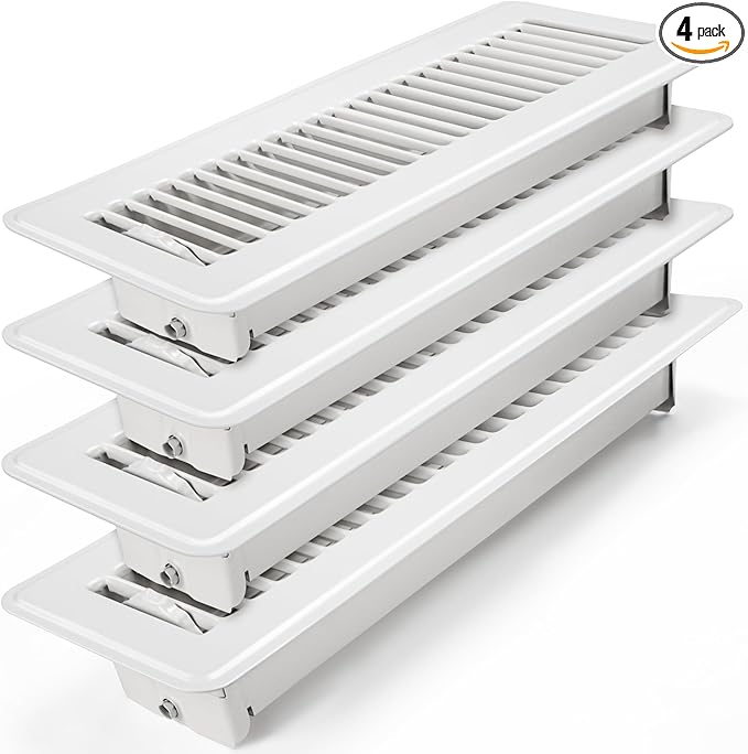 2x12 Floor Register 4 Pack - Heavy Duty Steel Floor Vent Covers with Adjustable Grille - Walkable Vent Covers for Home Floor and Sidewall - Energy-Saving 2 Inch by 12 Inch Register Vents (White)