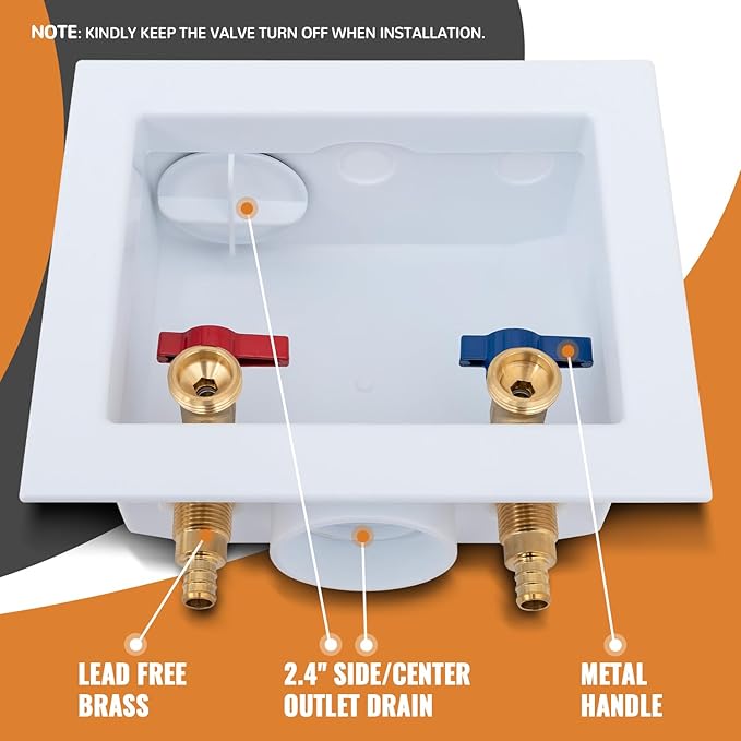 SUNGATOR Pex Washing Machine Outlet Box with Center Drain, Laundry Washer Valve Box, 1/2 Inch Pex Crimp Inlet x 3/4 Inch MHT Outlet，with 4 Crimp Rings