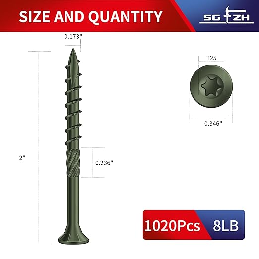 #8 x 2 Inch Deck Screws (1020Pcs) 8lb. Carbon Steel, Green, Flat Head, Rust Resistant epoxy Coated, with T25 Star Bit