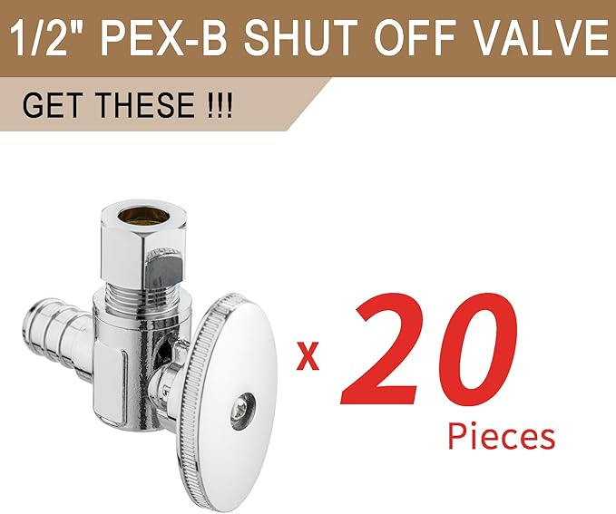 [20 Pieces] Lingmfg Angle Valve Shut Off Valve 1/2" PEX-B Crimp x 3/8" Compression LING-AV38-1/2F1807-A-20