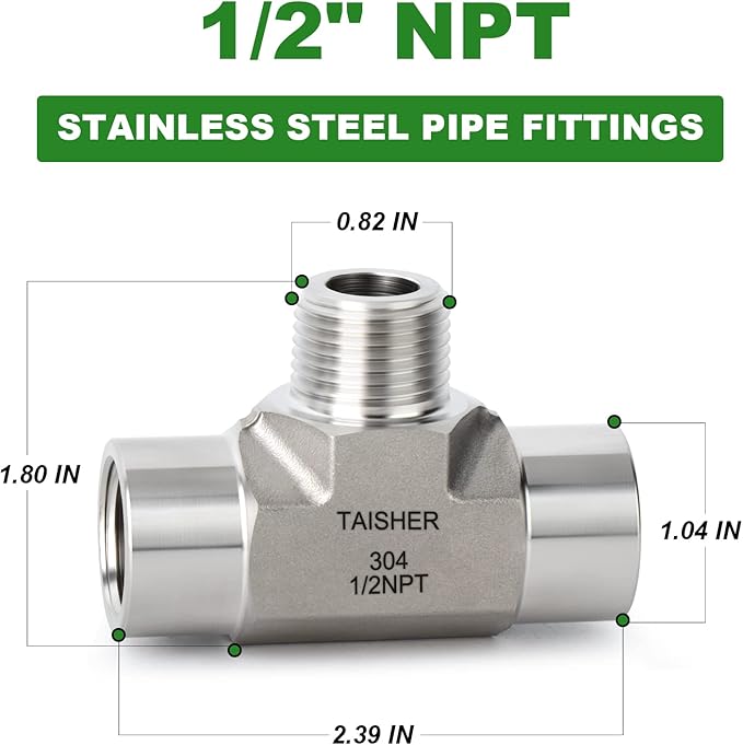 TAISHER 1PCS Forging of 304 Stainless Steel Tee Pipe Fittings, 1/2" NPT Female x 1/2" NPT Male x 1/2" NPT Female Pipe Fittings, Male Branch Tee