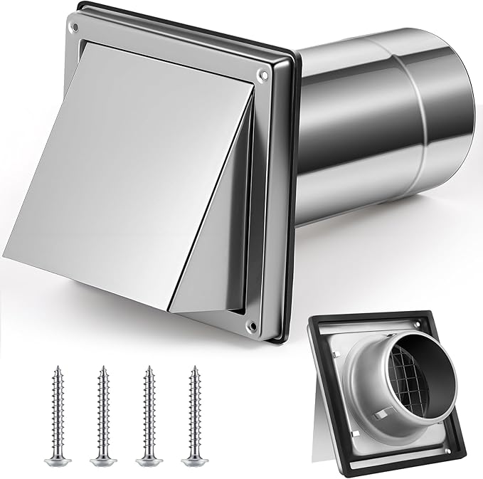Gisafai 4" Outside Dryer Vent Cover for Exterior Walls Exhaust Vent Cap with Removable Extension Pipe Stainless Steel Hood Cushioned Non Return Flap with Sealing Gasket Grille Screen