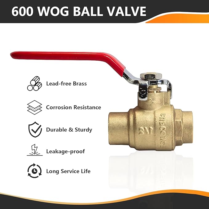 2-Pack HeSun 1/2 Inch Sweat Ball Valve, Brass Full Port Shut-off Valve,1/2" SWT x 1/2" SWT, 600 WOG (Water, Oil and Gas),Red(VALVE044-2)