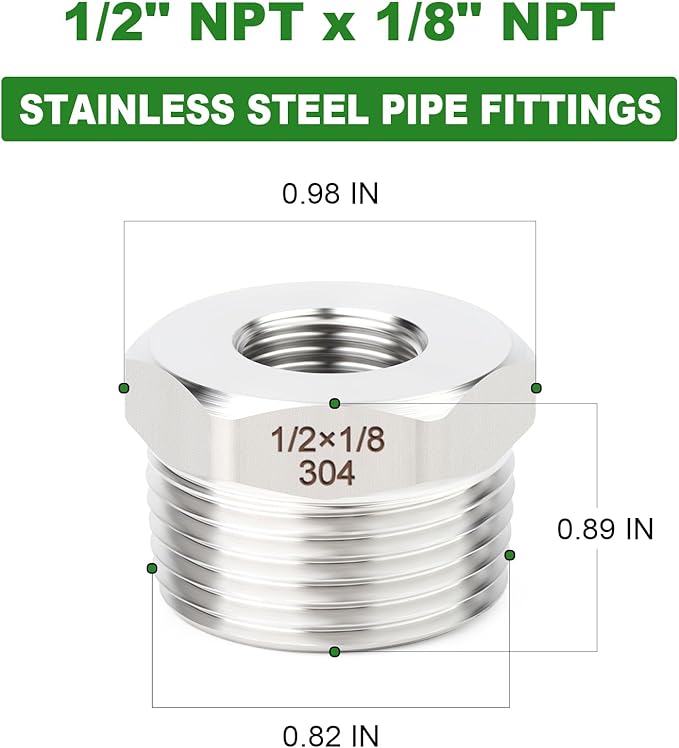 TAISHER 10PCS 304 Stainless Steel New Reducer Hex Bushing, 1/2" NPT Male x 1/8" NPT Female, Reducing Pipe Adapter Fitting