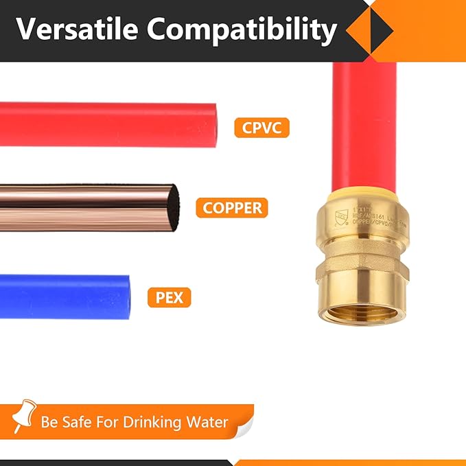 2-Pack HeSun Pushfit Female Adapter, 1" FNPT x 1" Push to Connect Plumbing Fittings with Disconnect Clip, Brass Push-fit Fittings for PEX, Copper, CPVC, PE-RT Pipes(PF154-2)