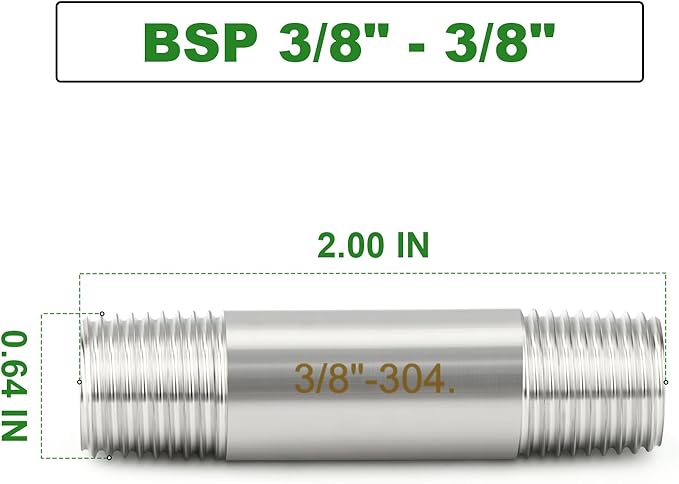 TAISHER 2PCS Stainless Steel Pipe Fittings, 3/8" BSP Male x 3/8" BSP Male Threaded, 2" Length Nipple Cast Pipe