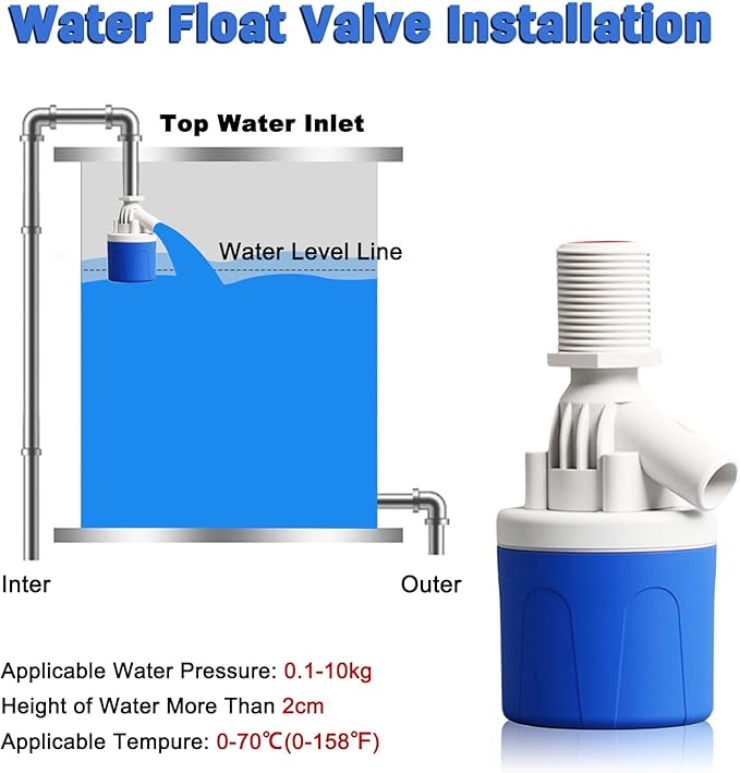 2 Pack 1/2" Water Float Valve Inside Type, 1/2 Inch Top Inlet Automatic Water Level Control Valve Uesd for Water Tank, Swimming Pools, Livestock Tanks, Aquaculture, Aquariums