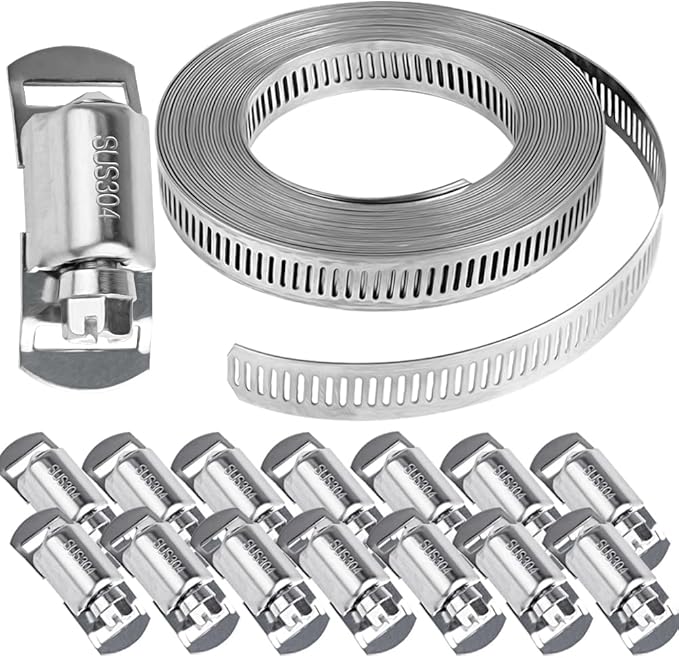 304 Stainless Steel Hose Clamps - For DIY,Cut-To-Fit 19.5 FT Metal Strap + 15 Stronger Fasteners Assortment Kit Large Adjustable Worm Gear Band Screw Clamps Duct Pipe Metal Clamp Strapping