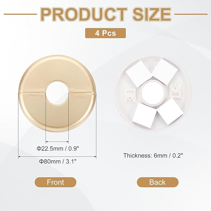 PATIKIL Wall Split Flange 80mm / 3.1" OD, 4 Pcs Round Escutcheon Plate Cover PPR Plumbing Cover Plates with Self-Adhesive Tape for 22.5mm / 0.9" Dia Water Pipe Faucet, Gold