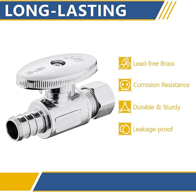 Straight Stop Valve,1/2 Inch Pex X 3/8 Inch OD Compression Straight Shut-off Valve with 1/4 Turn on/off (Pack of 5,ASTM F1807)(VALVE085-5Pack)