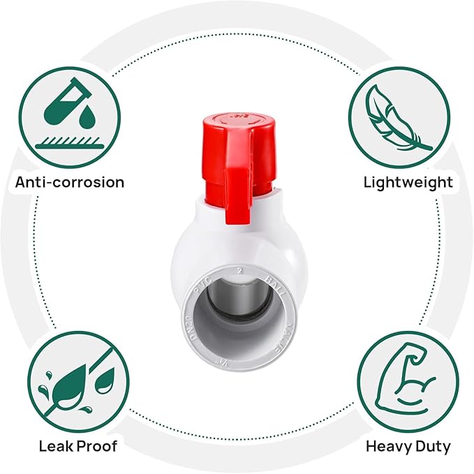 2" PVC Ball Valve, 2 Pcs Red T-Handle Shut-Off Valve for Cold Water Supply Lines and Outdoor Plumbing