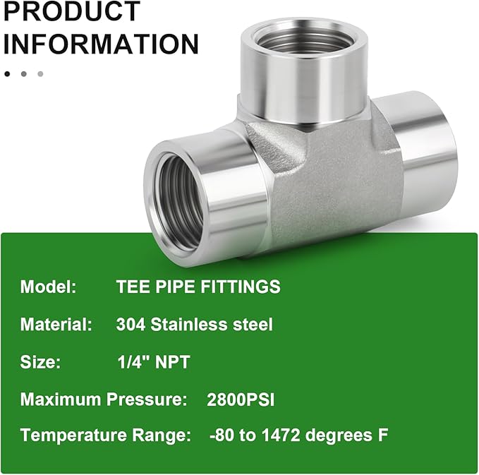 TAISHER 2PCS Forging of 304 Stainless Steel Tee Pipe Fittings, 1/8" x 1/8" x 1/8" NPT Female Pipe Fittings