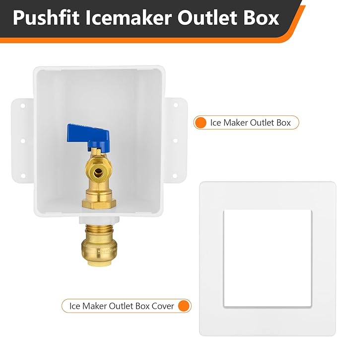 HeSun Push-to-Connect Ice Maker Outlet Box,Inlet 1/2 Inch Pushfit x Outlet 1/4 Inch OD Compression Connection,with 1/4 Turn Shut Off Valve
