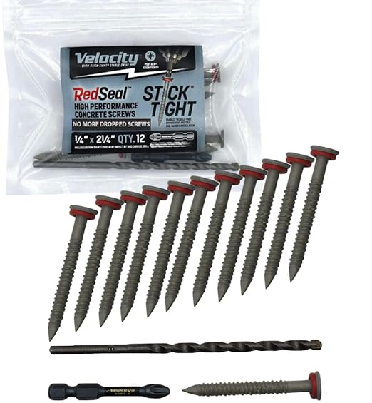 Velocity 2 1/4 Concrete Screws Kit with RedSeal Moisture Barrier (Flat Head, Size 1/4”) – Includes 12 High-Performance Concrete Screw PCS, 1 Drill Bit, and 1 Driver Bit